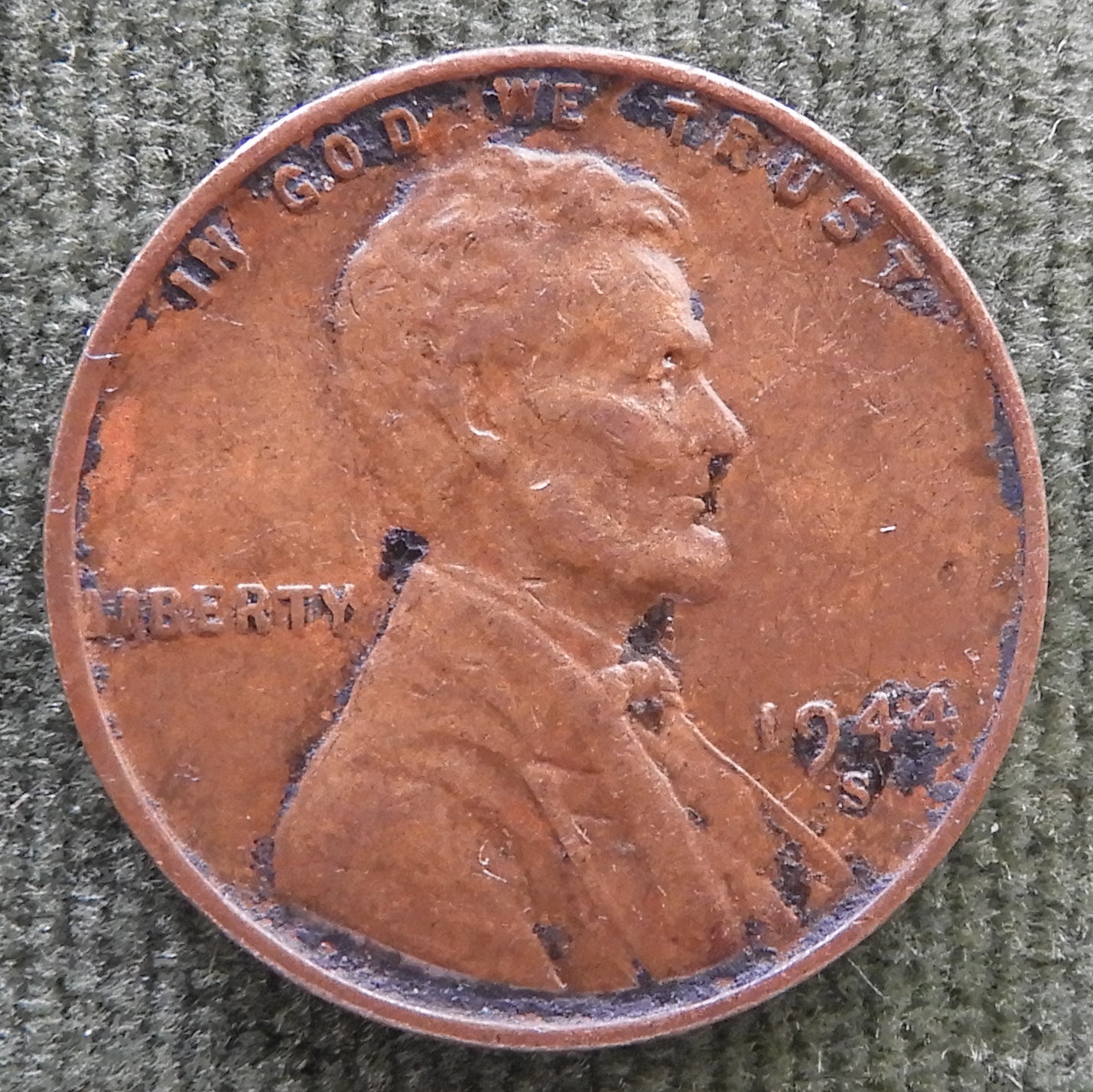 USA American 1944 S 1 Cent Lincon Wheat Coin - Grades as Fine