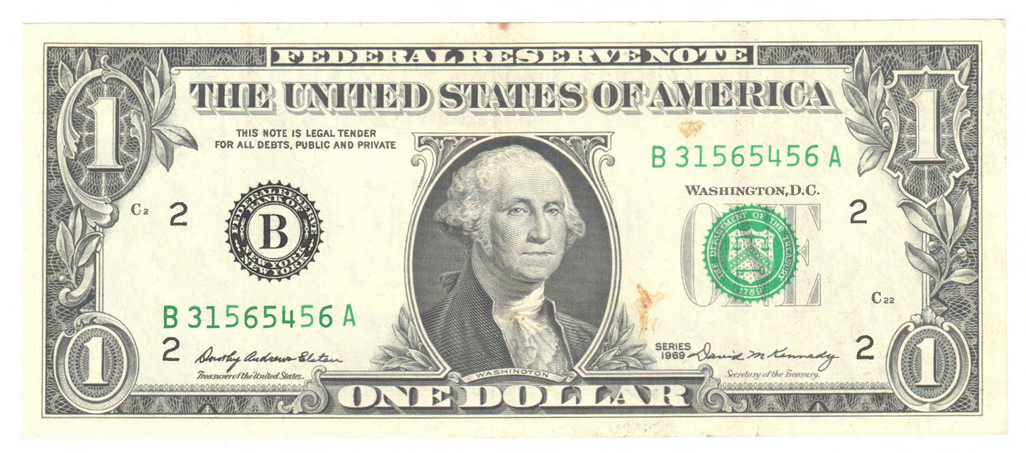 USA 1969 $1 One Dollar Banknote New York s/n B 31565456 A