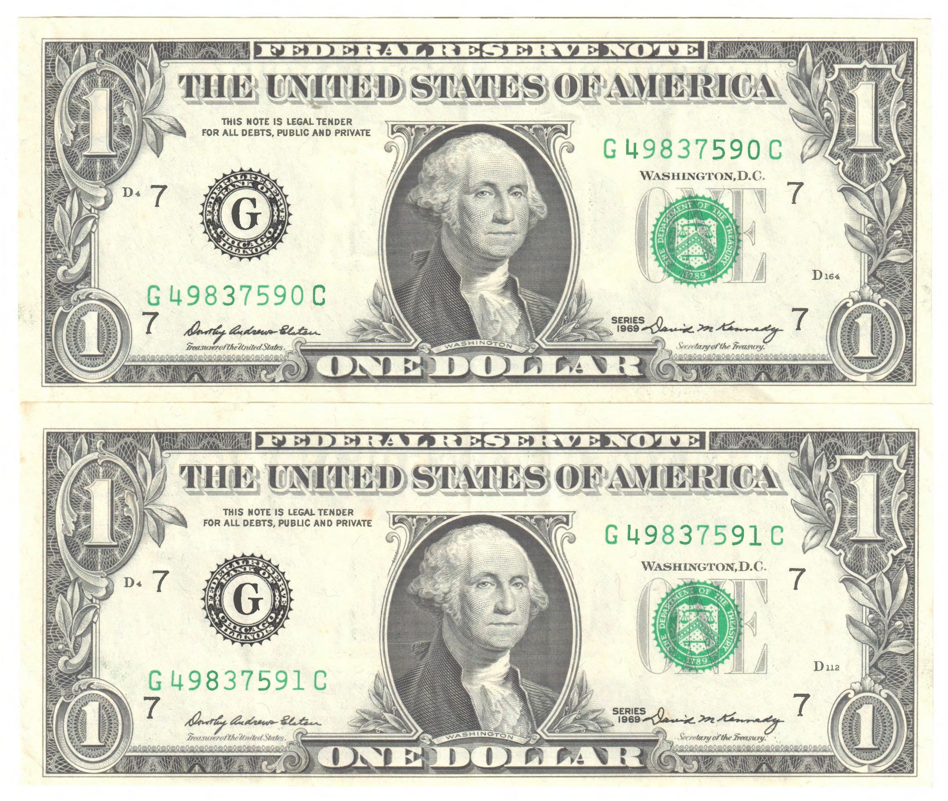 USA 1969 $1 One Dollar Banknote Chicargo Pair s/n G 49835790 C & 91 ...
