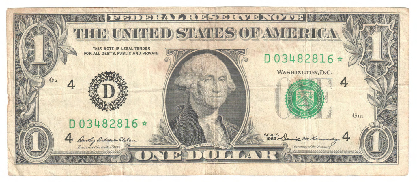 USA 1969 $1 One Dollar Banknote Cleveland Star Note s/n D 03482816 *