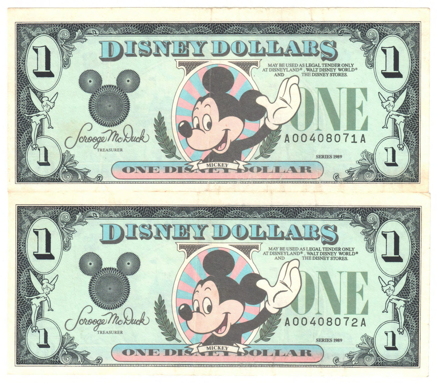 USA $1 1 Disney Dollar - Consecutive Pair Circulated Series A 1979 A00408071A & 72A