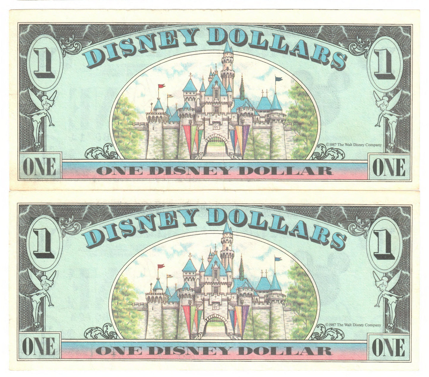 USA $1 1 Disney Dollar - Consecutive Pair Circulated Series A 1979 A00408071A & 72A