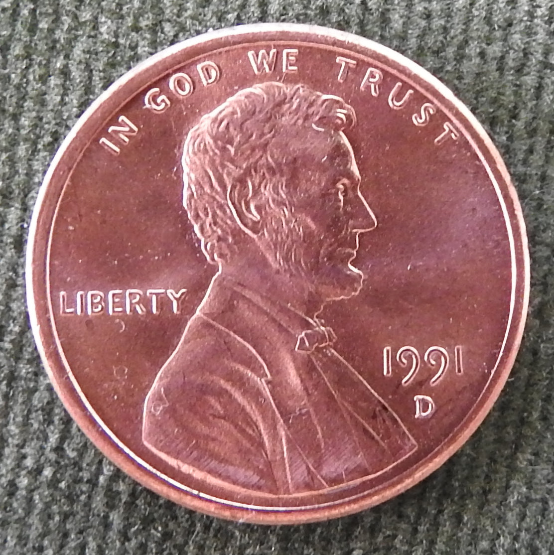 USA American 1991 D 1 Cent Lincoln Memorial Coin