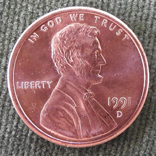 USA American 1991 D 1 Cent Lincoln Memorial Coin
