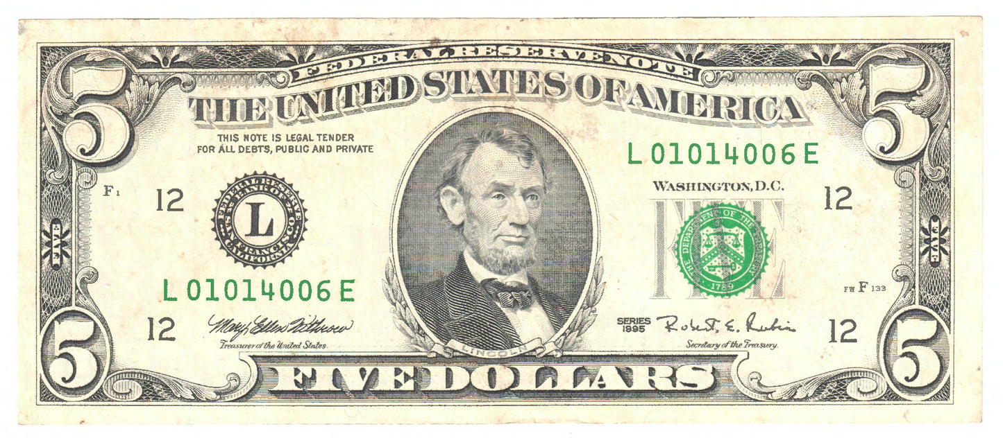 USA 5 Five Dollar Banknote Series 1995 Small Face Lincoln