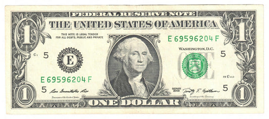 USA 2009 $1 One Dollar Banknote Richmond s/n E 69596204 F