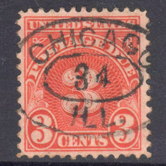 United States 1930 - 56 3c Scarlet Postage-Due Numeral Stamp Perfin:11x10.5