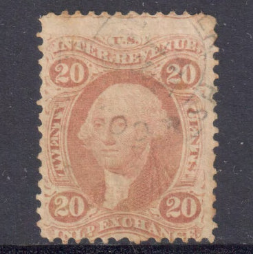 United States 1862 - 71 20c Brown Red George Washington Internal Revenue Stamp Perfin:12x11.5