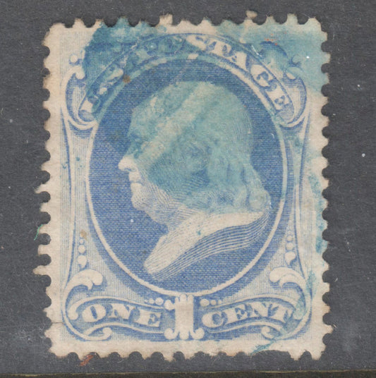 USA America 1873 1c Ultramarine Benjamine Franklin Stamp - Cancelled