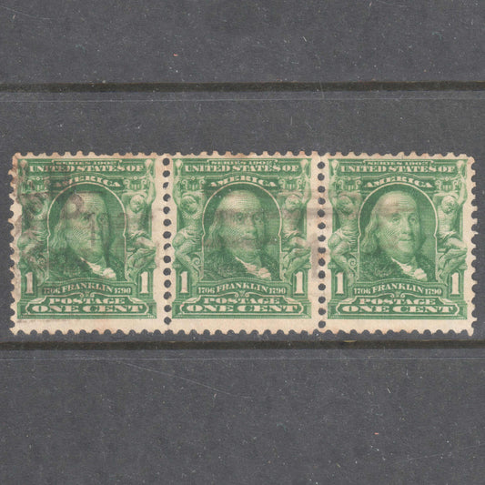 USA America 1903 - 03 1c Blueish Green Benjamin Franklin Strip Of 3 Stamps - Perfin:12