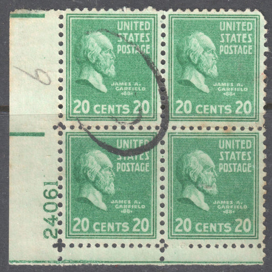 USA America 1938 - 39 20c Jame A Garfield Stamps - Block of 4