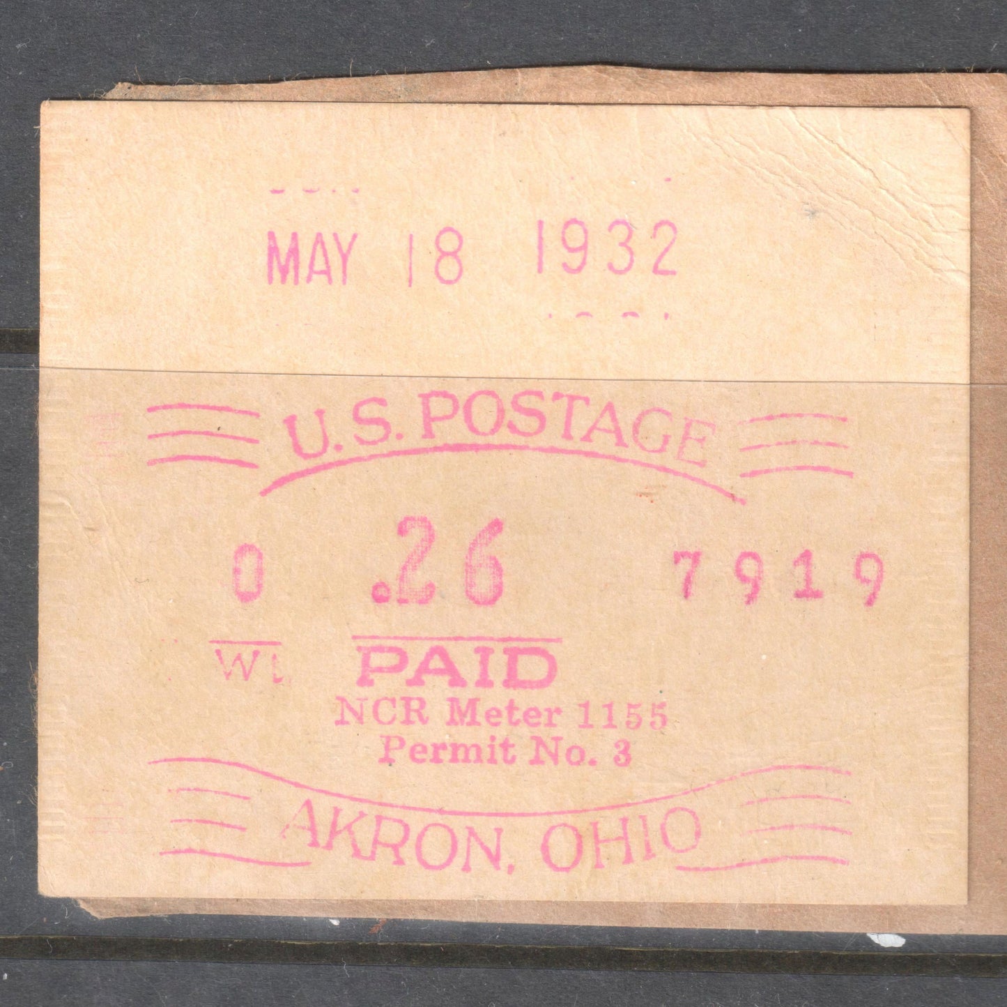 USA America 1932 26c Postage Franking Permit no.7919 - Akron Ohio