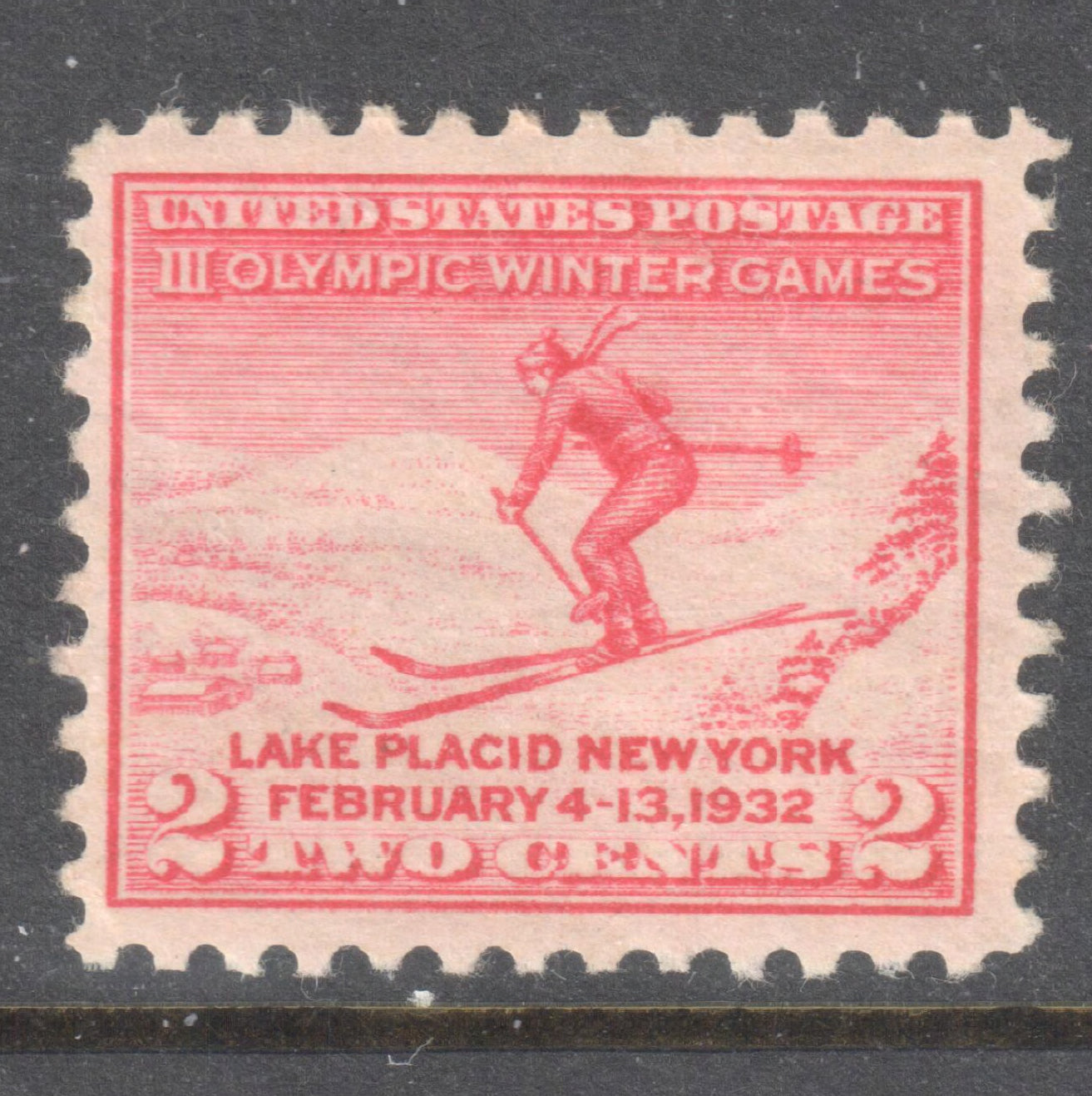 USA America 1932 2 Cent Carmine Red Winter Olympic Games - Lake Placid New York Stamp - Perfin:11