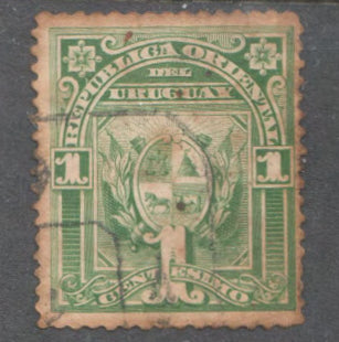 Uruguay 1889 1 Centesimo Yellow Green Coat Of Arms Stamp - Perf: 13.5-15
