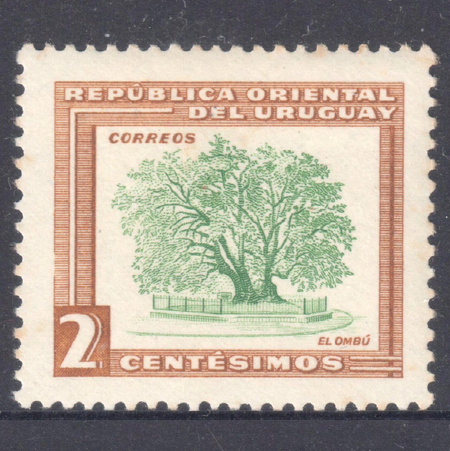 Uruguay 1954 2 Centesimos Brown/Green Local Motifs Stamp - Perfin:13