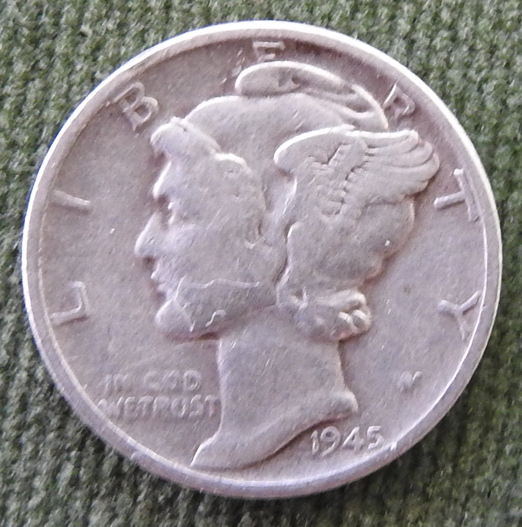 USA American 1945 Silver Winged Mercury Dime Coin - Circulated