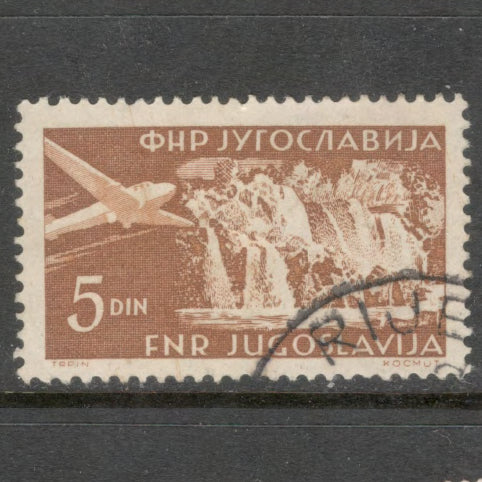 Yugoslavia 1951 - 1952 5 Dinara Greyish Brown Airmail Stamp - Perfin: 12.5