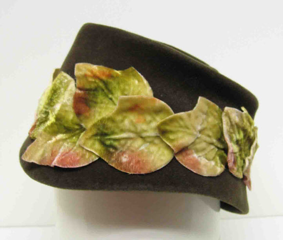 Green Felt Hat With Applied Autumn Leaves c1960