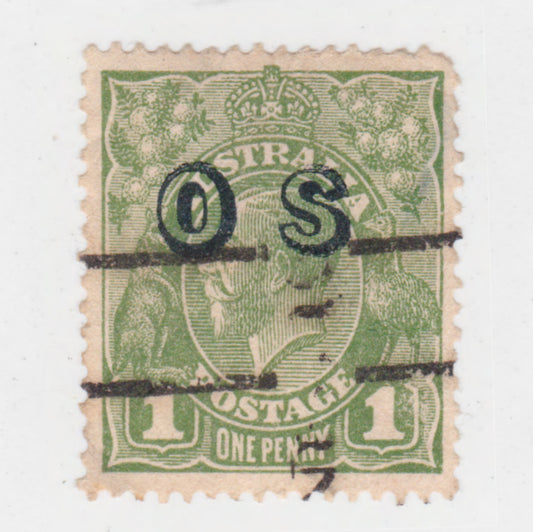 Australian 1924 1 Penny Sage Green KGV King George V Stamp OS Overprint - Type 6 C of A Reverse Watermark