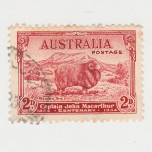 Australian 1934 2 Penny Carmine Red Merino Sheep Stamp Captain John Macarthur