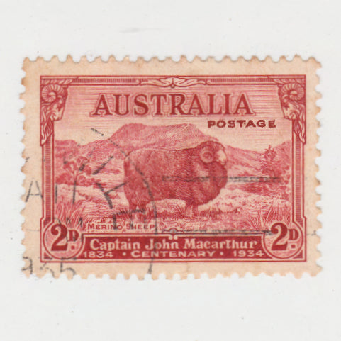 Australian 1934 2 Penny Carmine Red Merino Sheep Stamp Captain John Macarthur Type 2