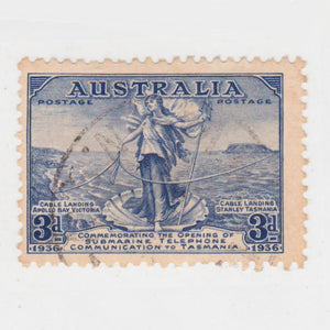 Australian 1936 3 Penny Blue Amphitrite & Telephone Cable Stamp