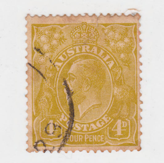 Australian 1924 4 Penny Olive KGV King George V Stamp - Type 5 Small Multiple Watermark