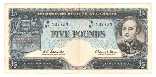 Australian 1960 5 Pound Coombs Wilson Banknote s/n First TB/47 137724 - Circulated