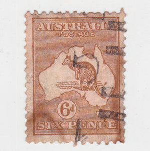 Australian 1913 6d 6 Penny Brown Kangaroo Stamp - Perf: 11.5-12