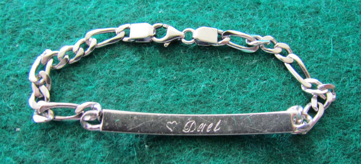 Silver 925 Flat Long Short Curb Bracelet With Crab Claw Clasp & Engraved Nameplate 7.74gms
