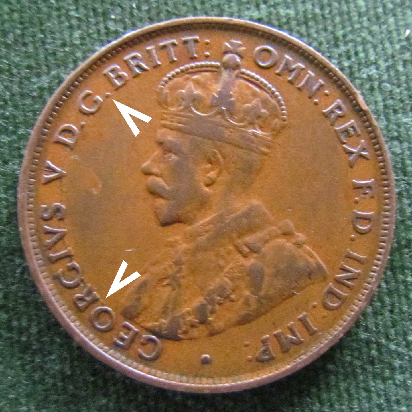 Australian 1927 1d 1 Penny King George V Coin - Variety Die Crack