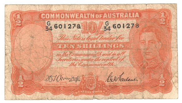 Australian 1942 10 Shilling Armatage MacFarlane Note s/n G/34 601278 - Circulated