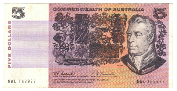 Australian 1967 5 Dollar Coombs Randall COA Note s/n NAL 162977 - Circulated