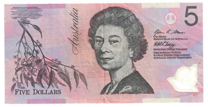 Australian 2007 5 Dollar Stevens Henry Polymer Banknote s/n FF 08575557 - Circulated