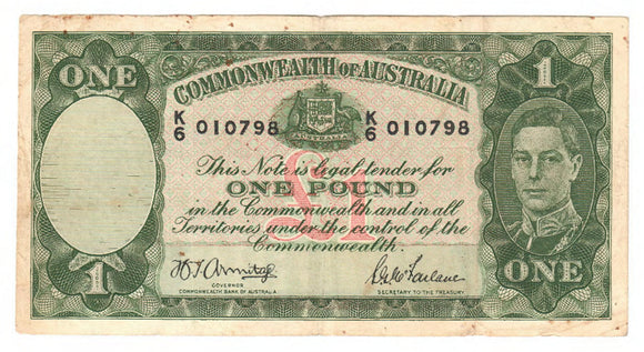 Australian 1948 1 Pound Armitage McFarlane Banknote s/n K/6 010798 - Circulated