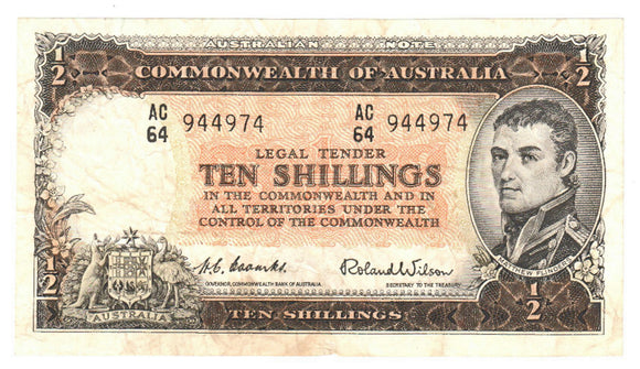 Australian 1954 10 Shilling Coombs Wilson Note s/n AC/64 944974 - Circulated