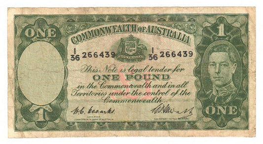Australian 1951 1 Pound Coombs Watt Banknote s/n I/36 266439 - Circulated