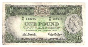 Australian 1961 1 Pound Coombs Wilson Banknote s/n HK/31 688075 - Circulated