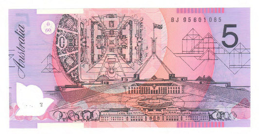 Australian 1995 5 Dollar Fraser Evans Polymer Note s/n BJ 95601085 - Circulated