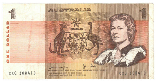 Australian 1979 1 Dollar Knight Stone Banknote s/n CXQ 300419 - Circulated