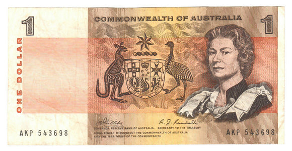 Australian 1969 1 Dollar Phillips Randall COA Note s/n AKP 543698 - Circulated
