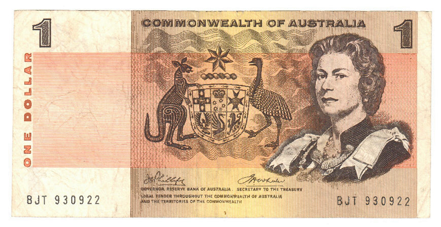 Australian 1972 1 Dollar Phillips Wheeler COA Note  s/n BJT 930922 - Circulated