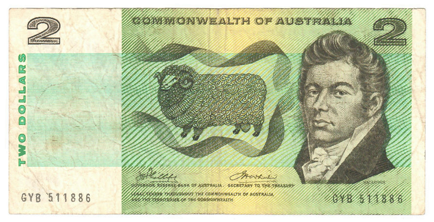 Australian 1972 2 Dollar Phillips Wheeler COA Note s/n GYB 511886 - Circulated