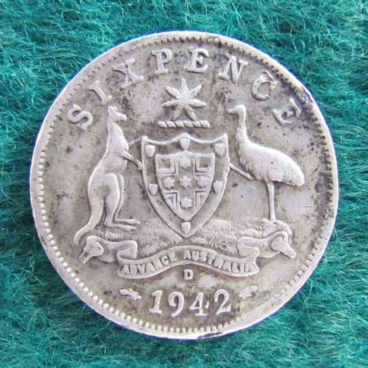 Australian 1942 D 6d Sixpence King George VI Coin - Circulated