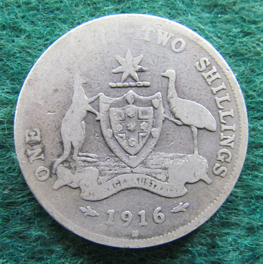 Australian 1916 M 2/- Florin King George V Coin - Circulated