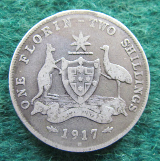 Australian 1917 M 2/- Florin King George V Coin - Circulated