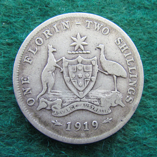 Australian 1919 M 2/- Florin King George V Coin - Circulated