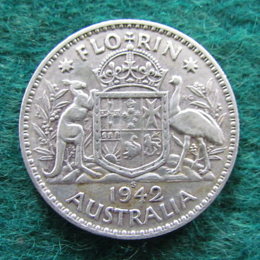 Australian 1942 S 2/- Florin King George VI Coin - Circulated
