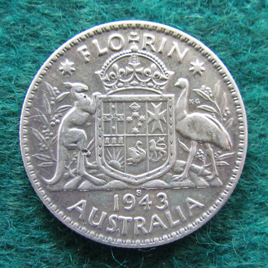 Australian 1943 S 2/- Florin King George VI Coin - Circulated