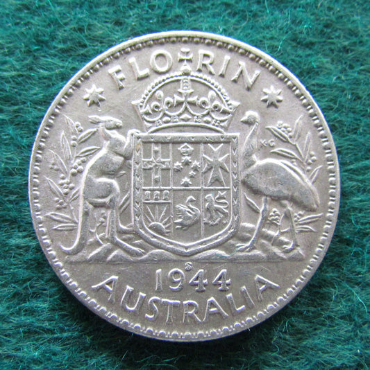 Australian 1944 S 2/- Florin King George VI Coin - Circulated